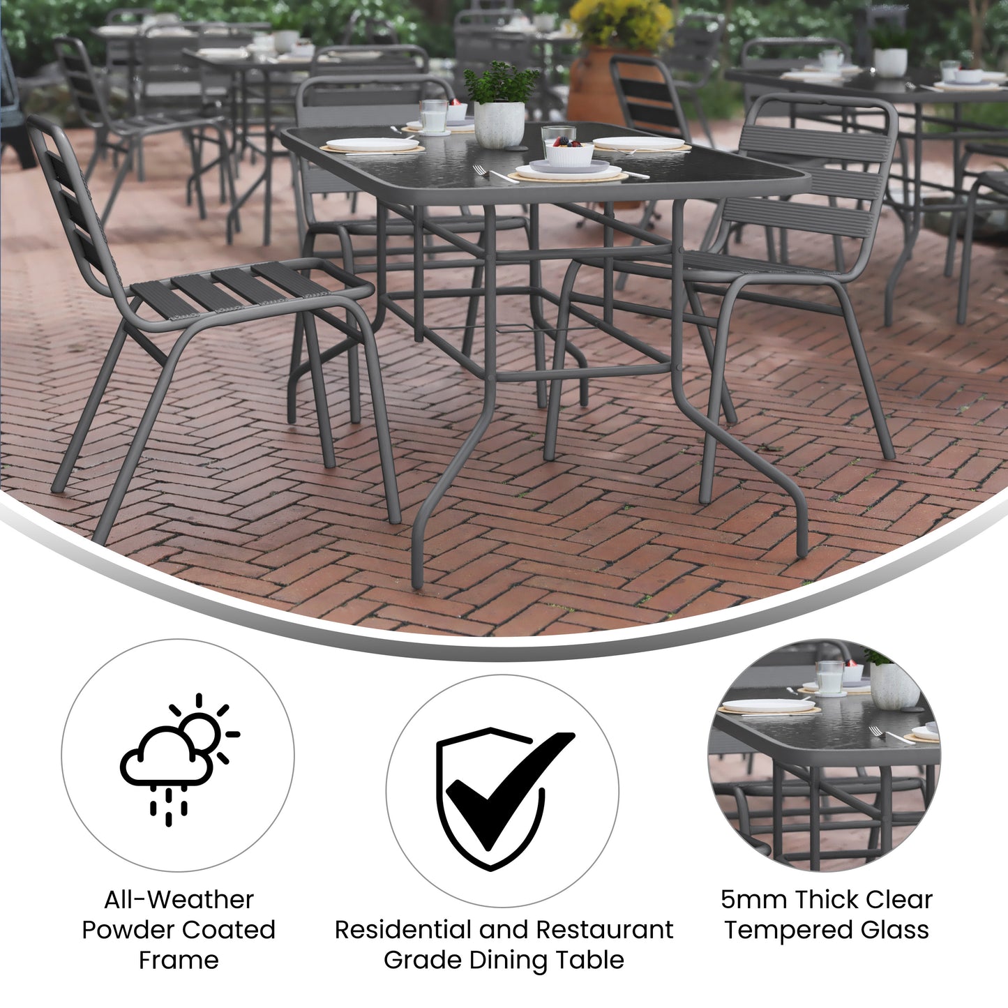 Tory 31.5" x 55" Silver Rectangular Tempered Glass Metal Table with Umbrella Hole Clear Top/Silver Frame
