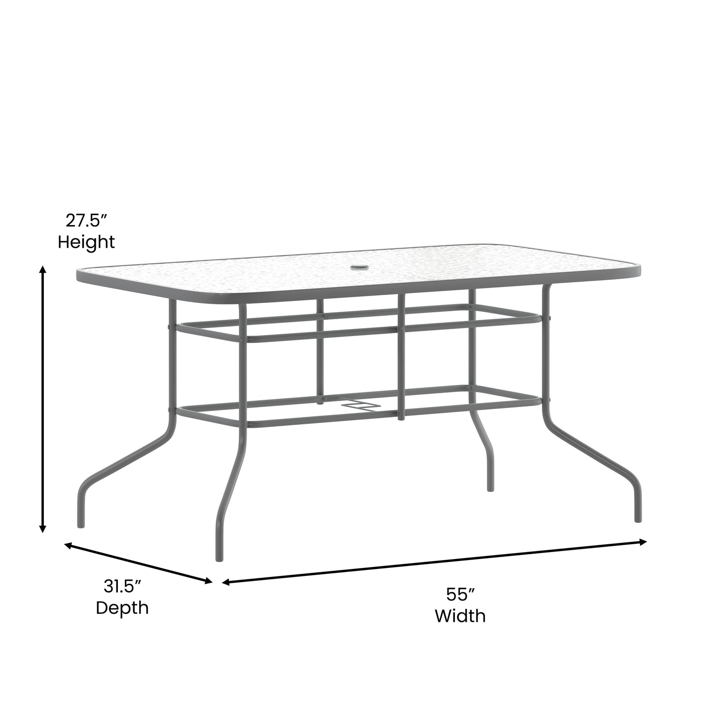 Tory 31.5" x 55" Silver Rectangular Tempered Glass Metal Table with Umbrella Hole Clear Top/Silver Frame