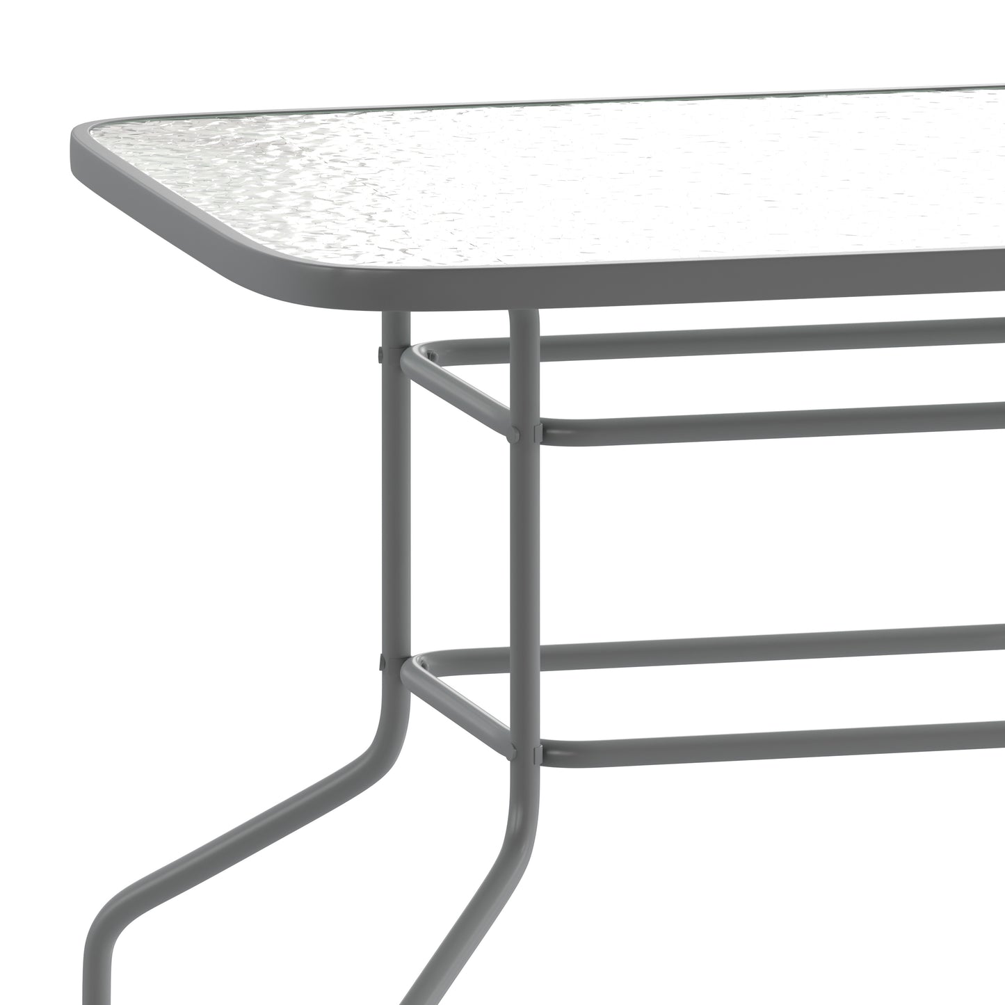 Tory 31.5" x 55" Silver Rectangular Tempered Glass Metal Table with Umbrella Hole Clear Top/Silver Frame