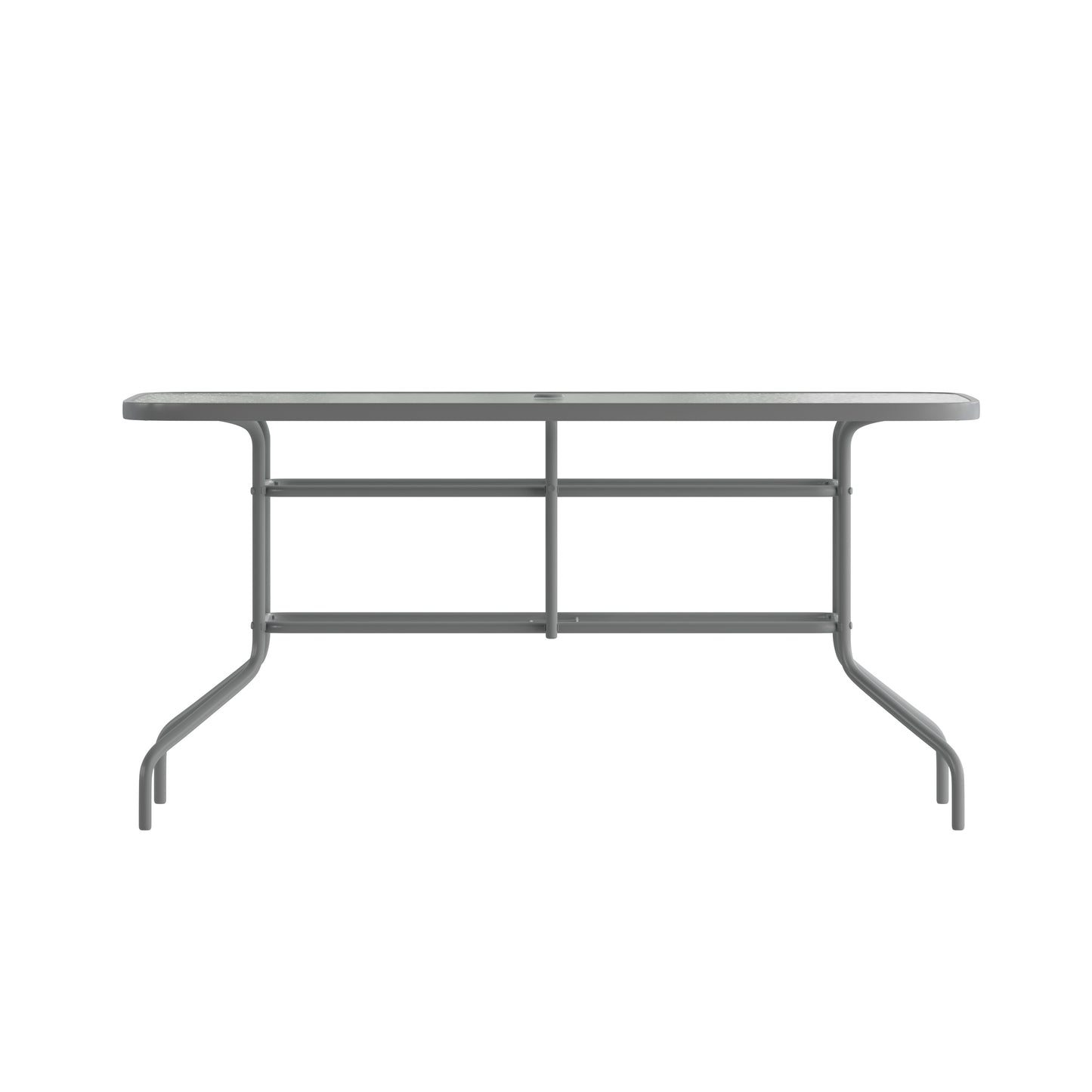 Tory 31.5" x 55" Silver Rectangular Tempered Glass Metal Table with Umbrella Hole Clear Top/Silver Frame