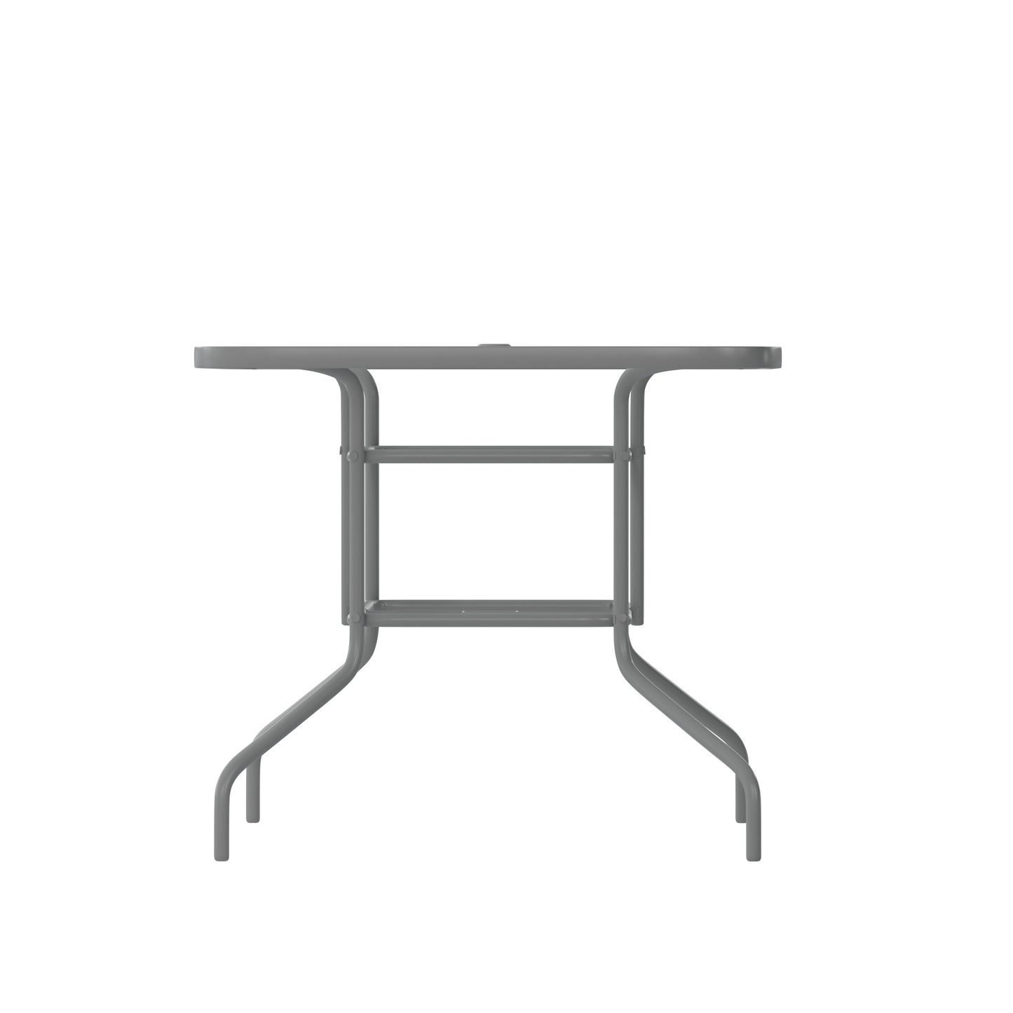 Tory 31.5" x 55" Silver Rectangular Tempered Glass Metal Table with Umbrella Hole Clear Top/Silver Frame
