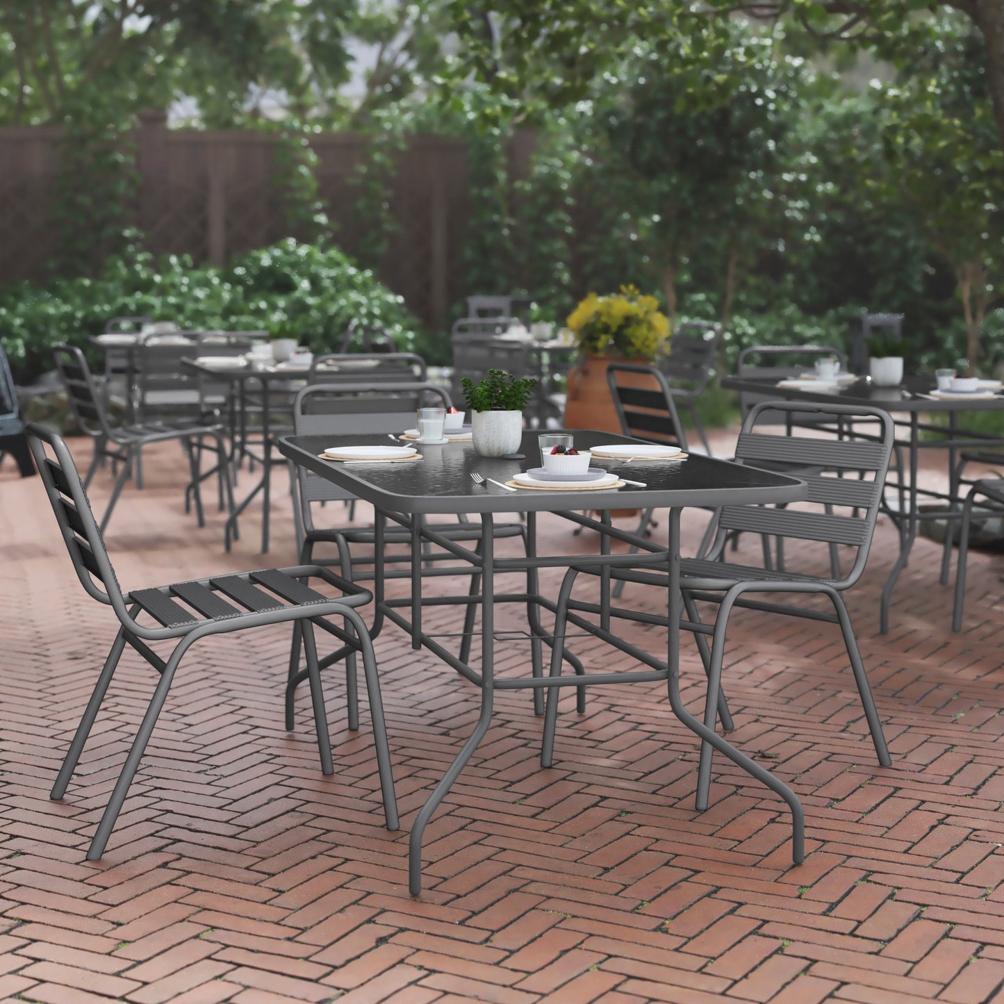 Tory 31.5" x 55" Silver Rectangular Tempered Glass Metal Table with Umbrella Hole Clear Top/Silver Frame