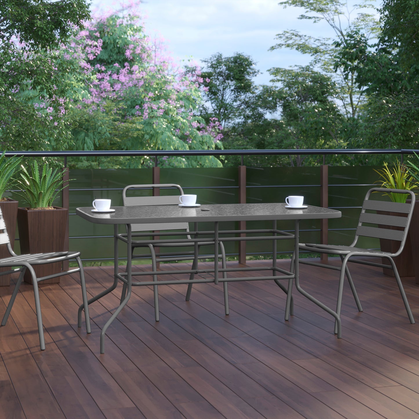Tory 31.5" x 55" Silver Rectangular Tempered Glass Metal Table with Umbrella Hole Clear Top/Silver Frame