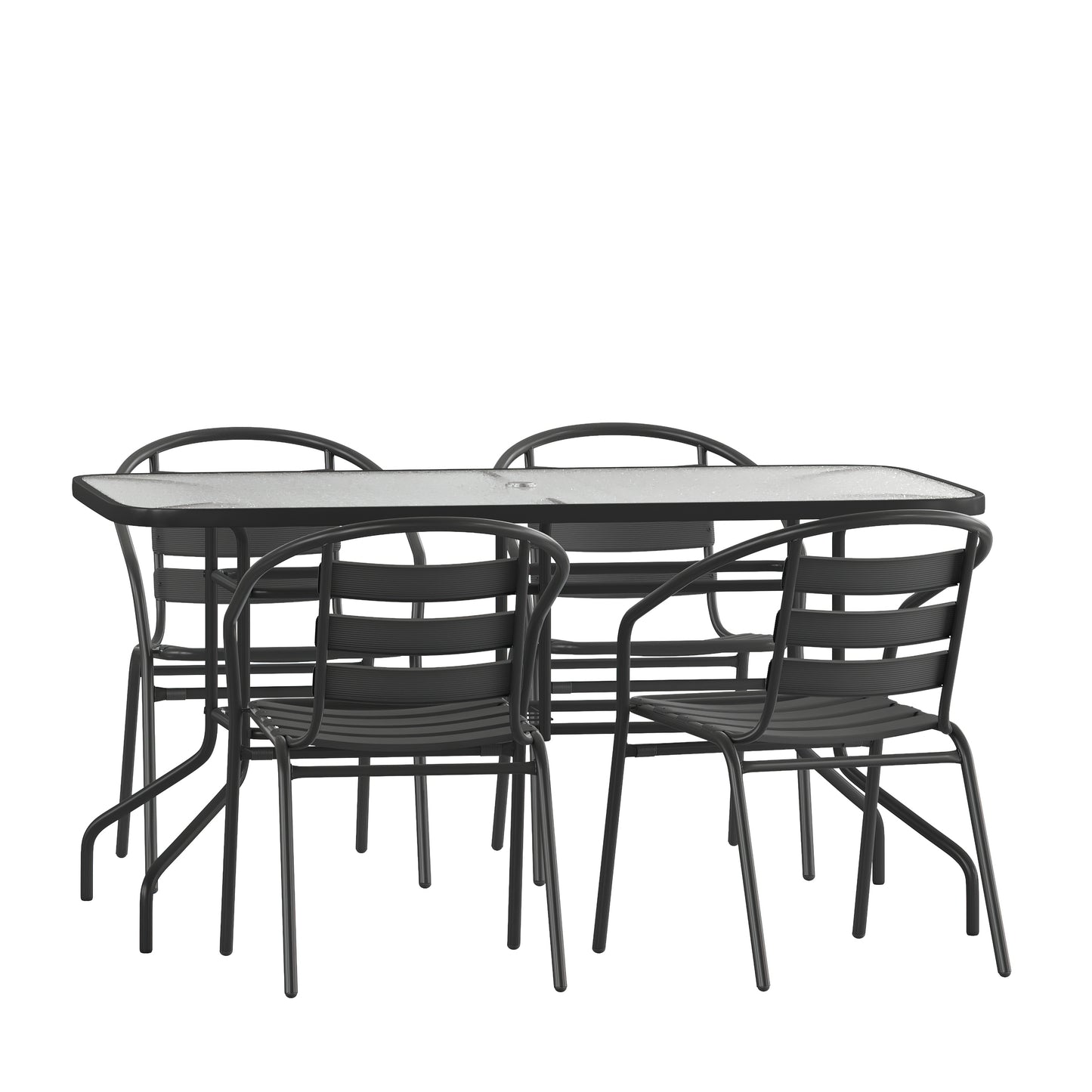 Lila 5 Piece Patio Dining Set - 55" Tempered Glass Patio Table with Umbrella Hole - 4 Black Metal Aluminum Slat Stack Chairs Black