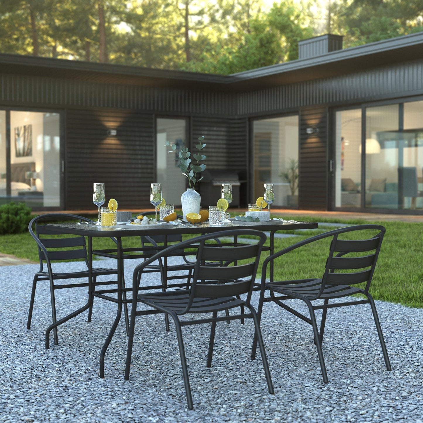Lila 5 Piece Patio Dining Set - 55" Tempered Glass Patio Table with Umbrella Hole - 4 Black Metal Aluminum Slat Stack Chairs Black