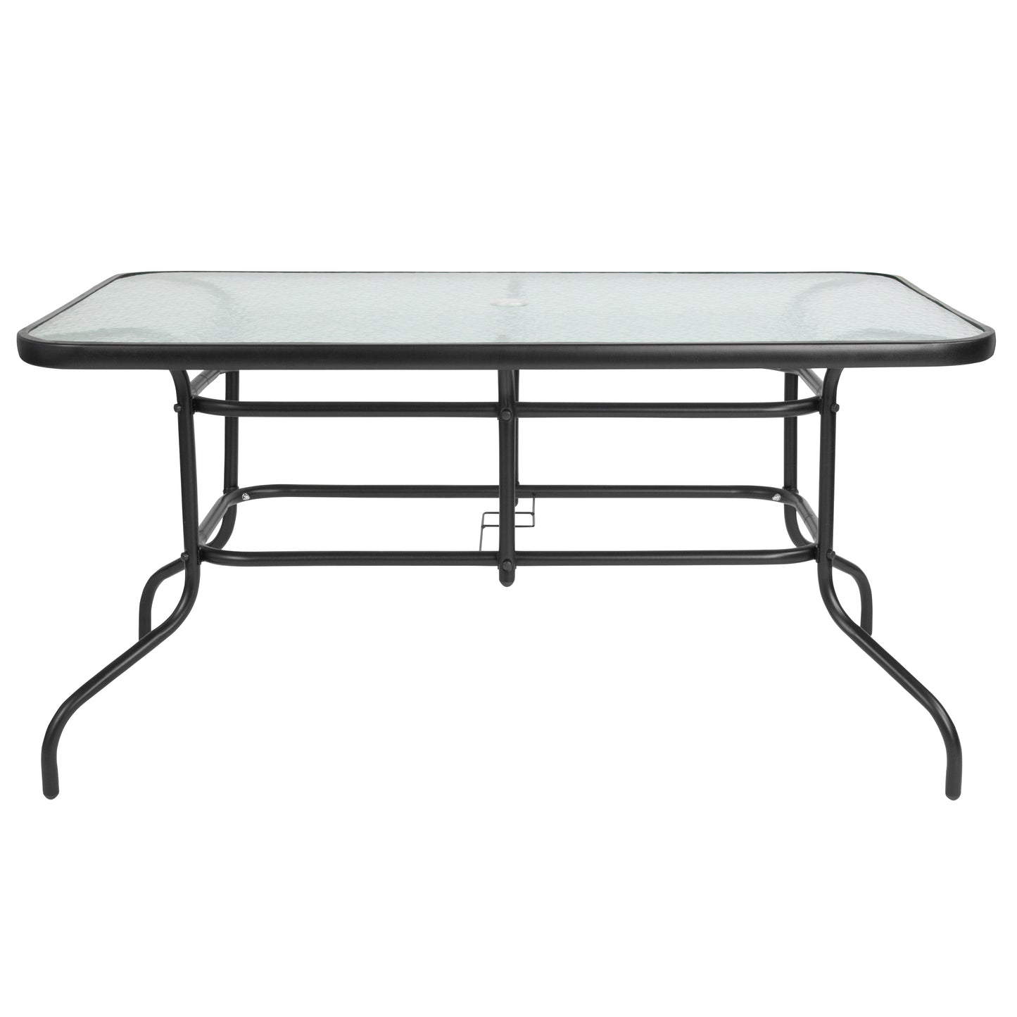 Lila 5 Piece Patio Dining Set - 55" Tempered Glass Patio Table with Umbrella Hole - 4 Black Metal Aluminum Slat Stack Chairs Black