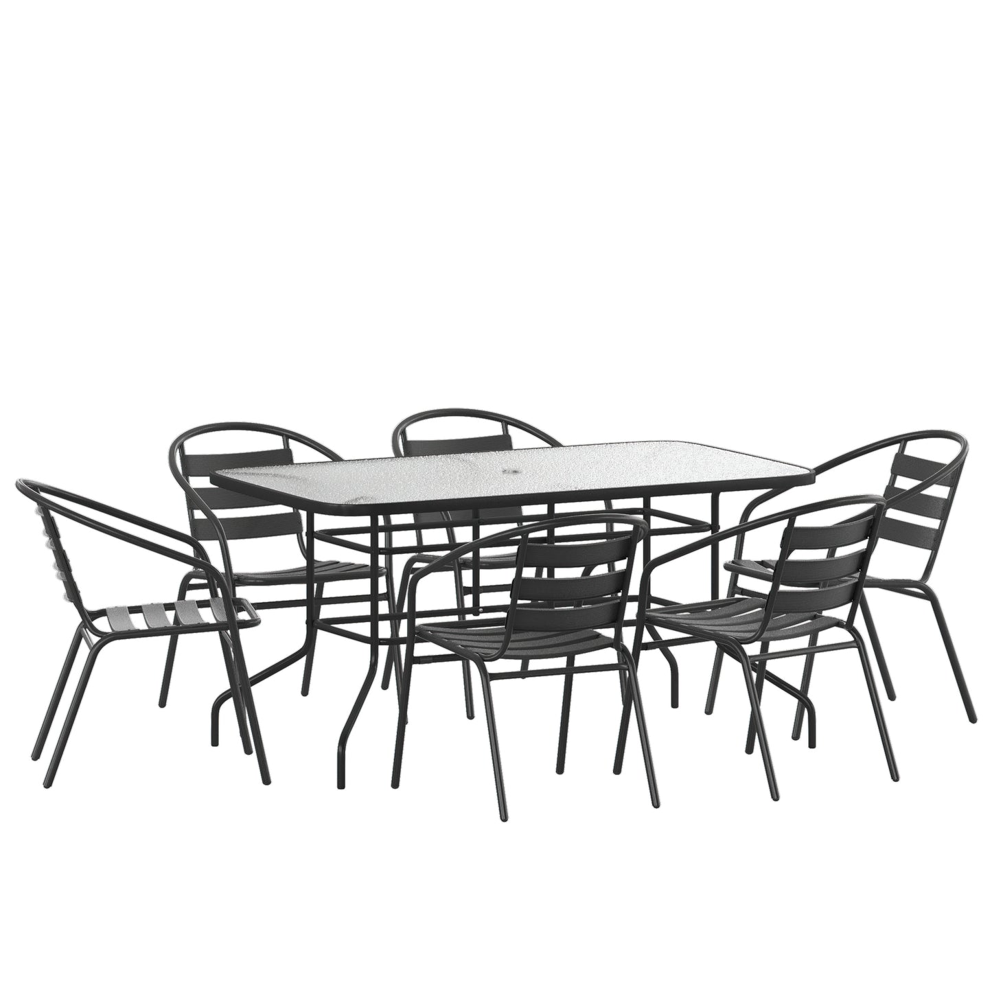 Lila 7 Piece Patio Dining Set - 55" Tempered Glass Patio Table with Umbrella Hole, 6 Black Metal Aluminum Slat Stack Chairs Black