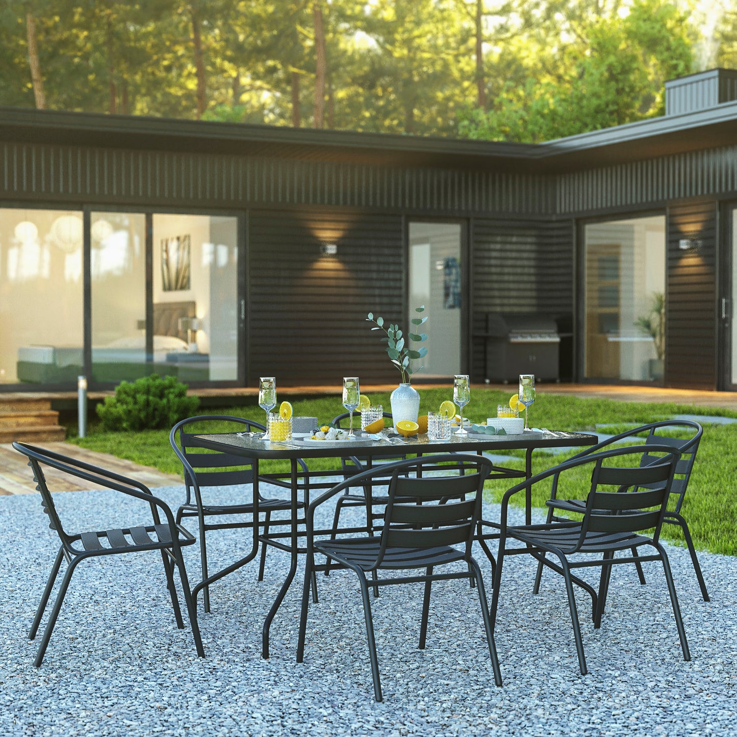 Lila 7 Piece Patio Dining Set - 55" Tempered Glass Patio Table with Umbrella Hole, 6 Black Metal Aluminum Slat Stack Chairs Black