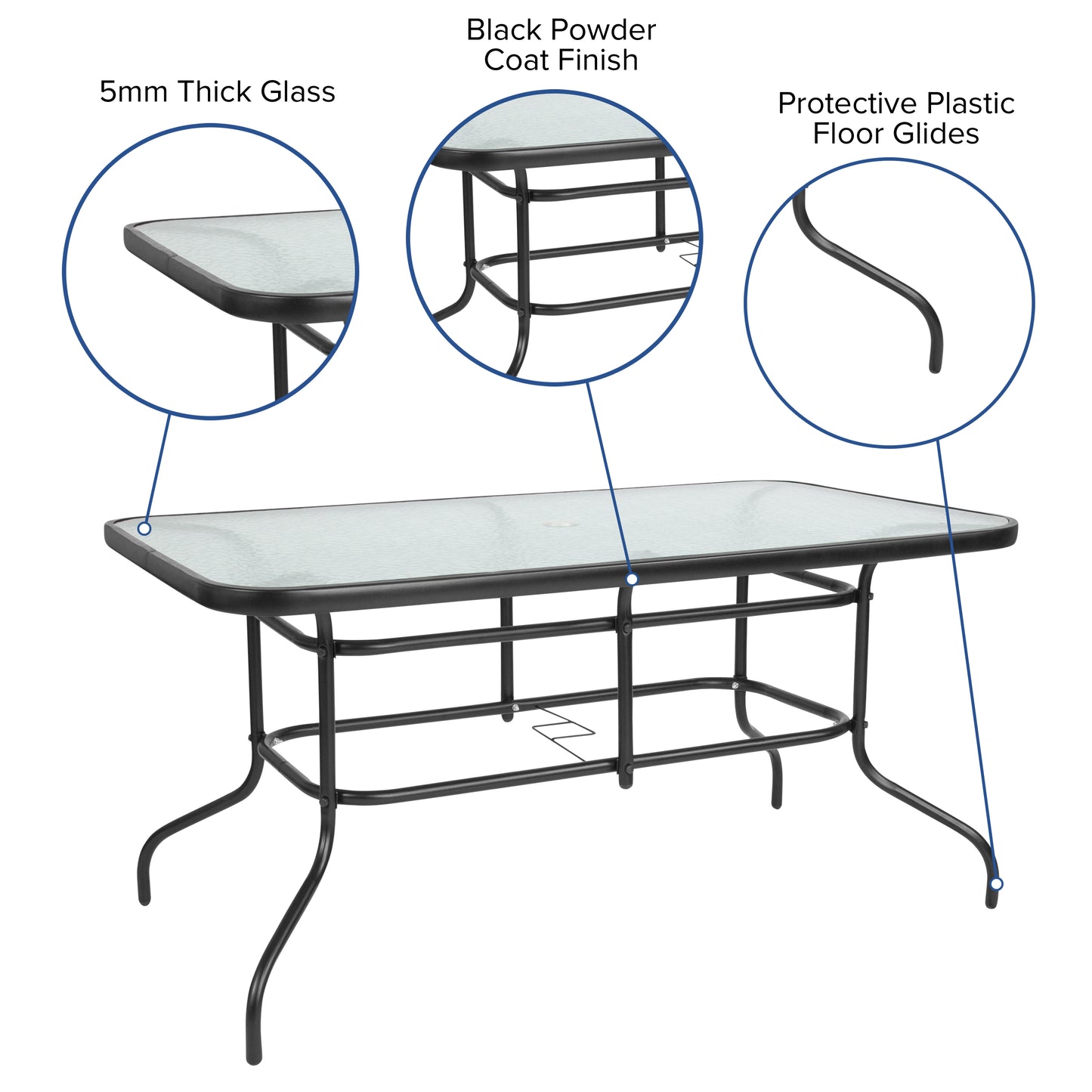 Lila 7 Piece Patio Dining Set - 55" Tempered Glass Patio Table with Umbrella Hole, 6 Black Metal Aluminum Slat Stack Chairs Black