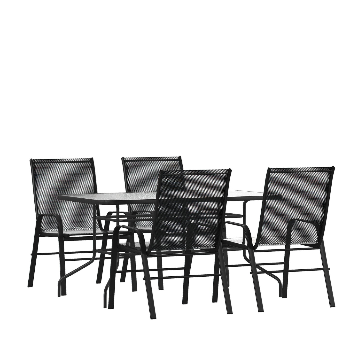 Brazos 5 Piece Outdoor Patio Dining Set - 55" Tempered Glass Patio Table with Umbrella Hole, 4 Black Flex Comfort Stack Chairs Black