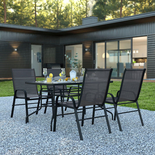 Brazos 5 Piece Outdoor Patio Dining Set - 55" Tempered Glass Patio Table with Umbrella Hole, 4 Black Flex Comfort Stack Chairs Black TLH-089REC-303CBK4-GG