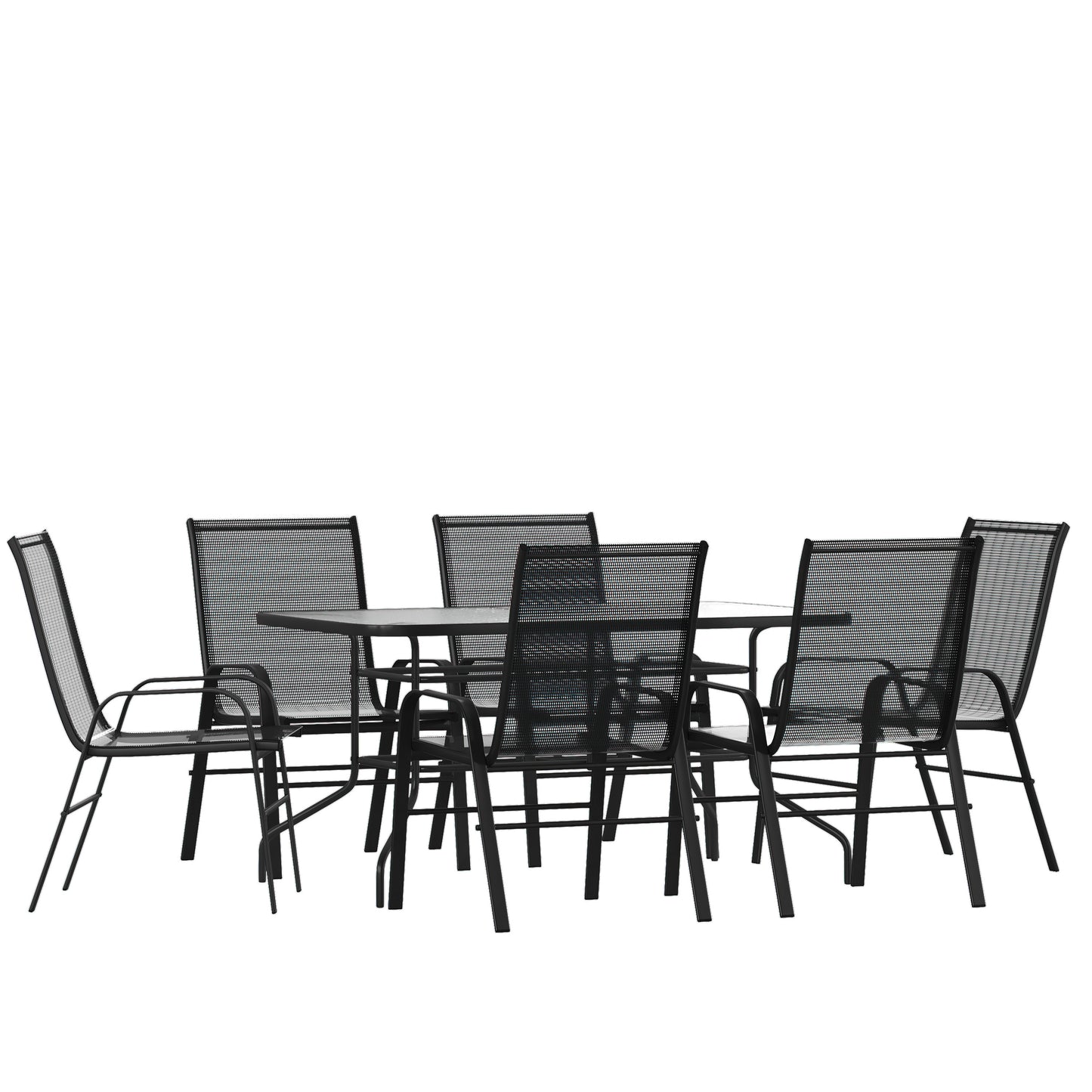 Brazos 7 Piece Outdoor Patio Dining Set - 55" Tempered Glass Patio Table with Umbrella Hole, 6 Black Flex Comfort Stack Chairs Black