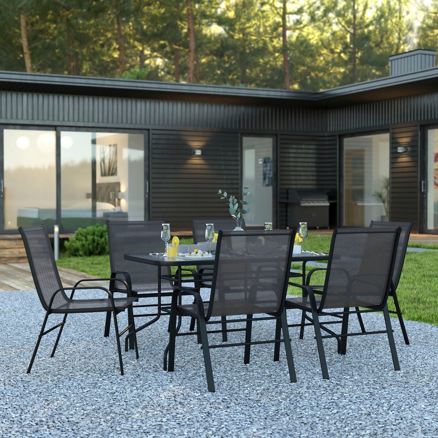 Brazos 7 Piece Outdoor Patio Dining Set - 55" Tempered Glass Patio Table with Umbrella Hole, 6 Black Flex Comfort Stack Chairs Black