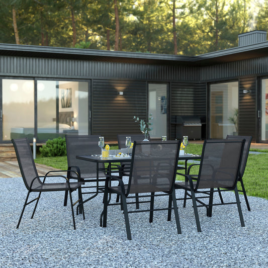 Brazos 7 Piece Outdoor Patio Dining Set - 55" Tempered Glass Patio Table with Umbrella Hole, 6 Black Flex Comfort Stack Chairs Black TLH-089REC-303CBK6-GG