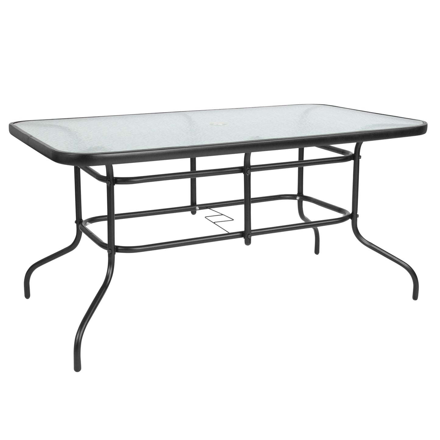 Brazos 7 Piece Outdoor Patio Dining Set - 55" Tempered Glass Patio Table with Umbrella Hole, 6 Black Flex Comfort Stack Chairs Black