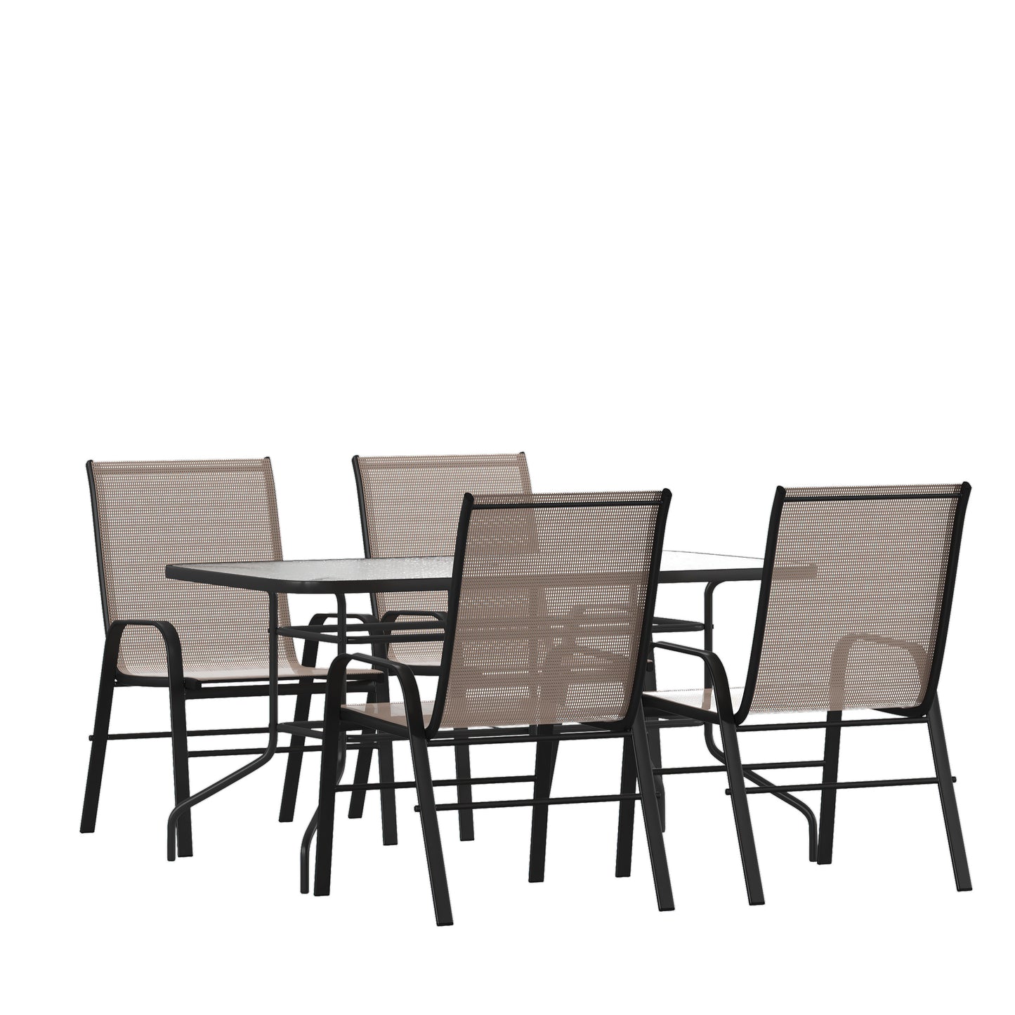 Brazos 5 Piece Outdoor Patio Dining Set - 55" Tempered Glass Patio Table with Umbrella Hole, 4 Brown Flex Comfort Stack Chairs Brown