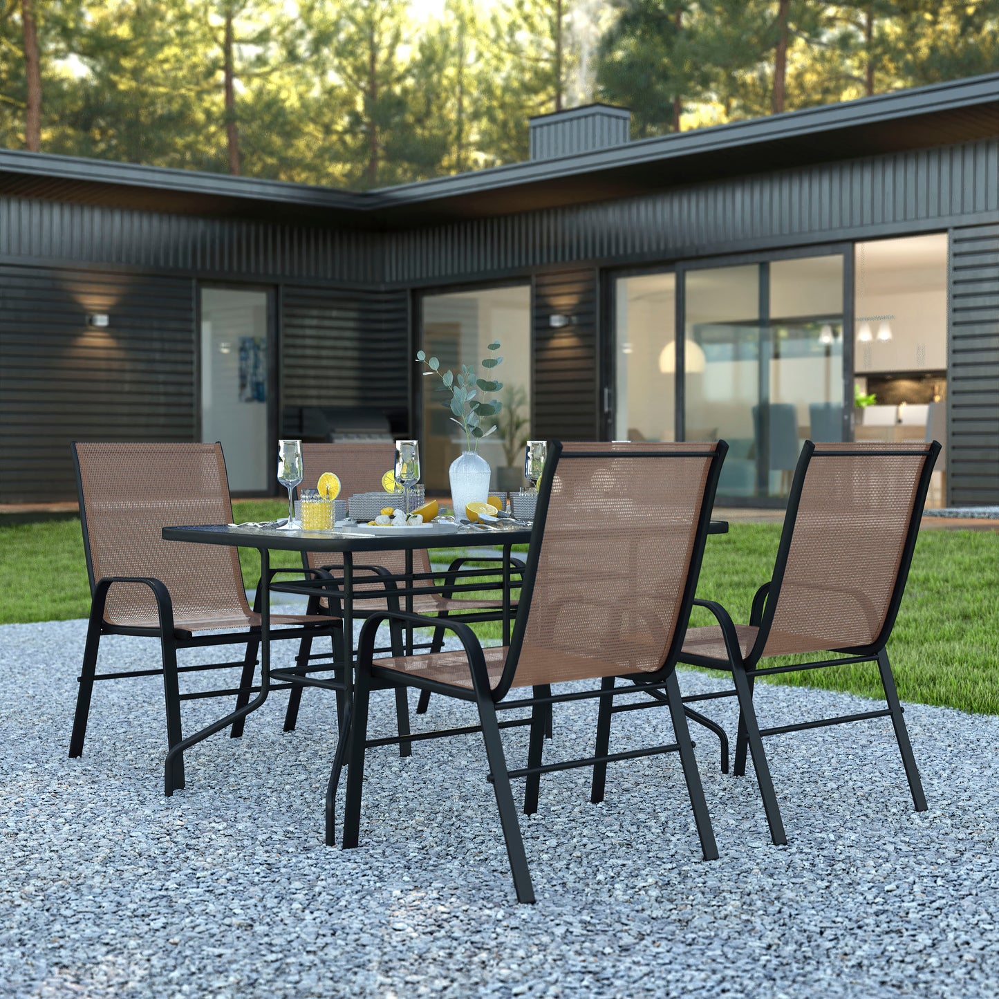 Brazos 5 Piece Outdoor Patio Dining Set - 55" Tempered Glass Patio Table with Umbrella Hole, 4 Brown Flex Comfort Stack Chairs Brown