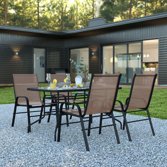 Brazos 5 Piece Outdoor Patio Dining Set - 55" Tempered Glass Patio Table with Umbrella Hole, 4 Brown Flex Comfort Stack Chairs Brown TLH-089REC-303CBN4-GG