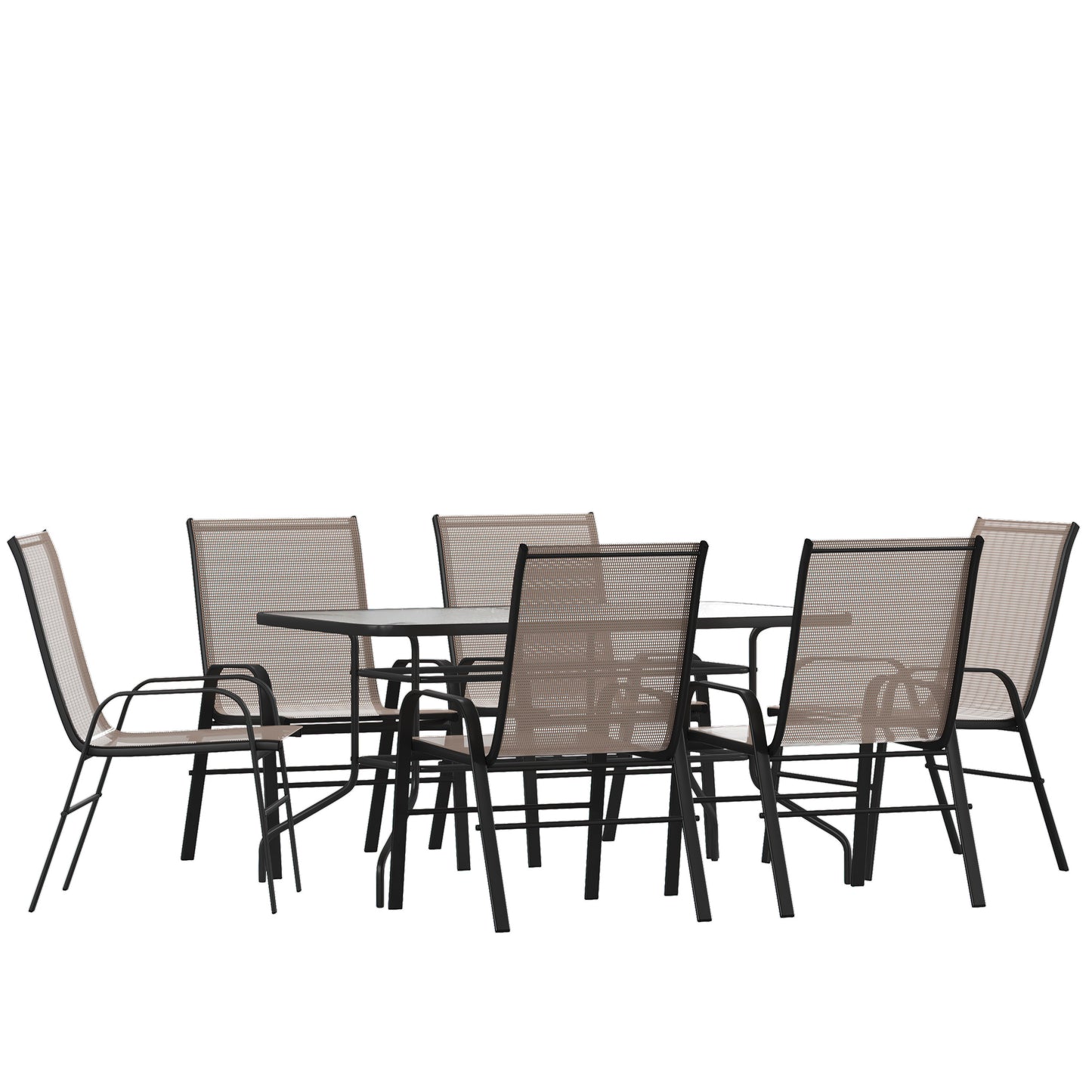 Brazos 7 Piece Outdoor Patio Dining Set - 55" Tempered Glass Patio Table with Umbrella Hole, 6 Brown Flex Comfort Stack Chairs Brown