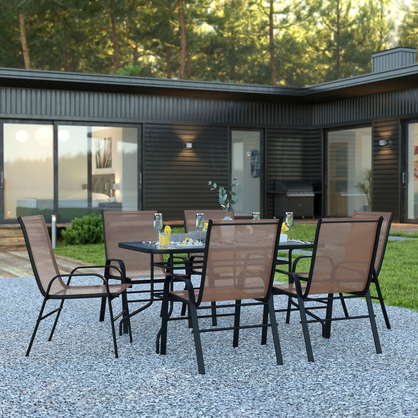 Brazos 7 Piece Outdoor Patio Dining Set - 55" Tempered Glass Patio Table with Umbrella Hole, 6 Brown Flex Comfort Stack Chairs Brown