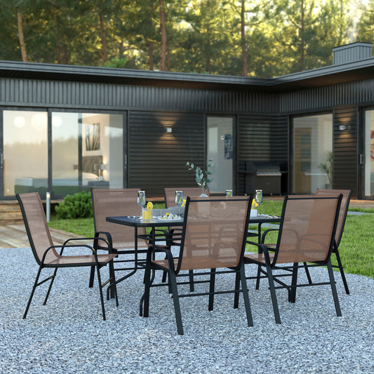 Brazos 7 Piece Outdoor Patio Dining Set - 55" Tempered Glass Patio Table with Umbrella Hole, 6 Brown Flex Comfort Stack Chairs Brown TLH-089REC-303CBN6-GG