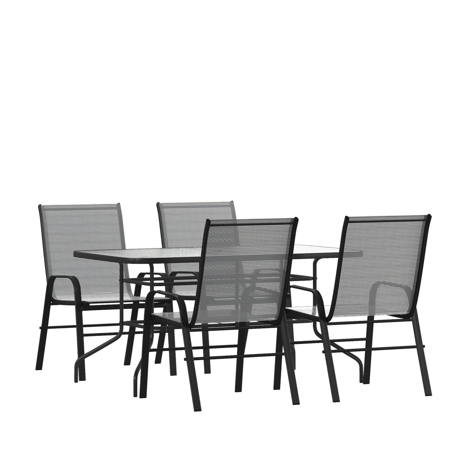 Brazos 5 Piece Outdoor Patio Dining Set - 55" Tempered Glass Patio Table with Umbrella Hole, 4 Gray Flex Comfort Stack Chairs Gray