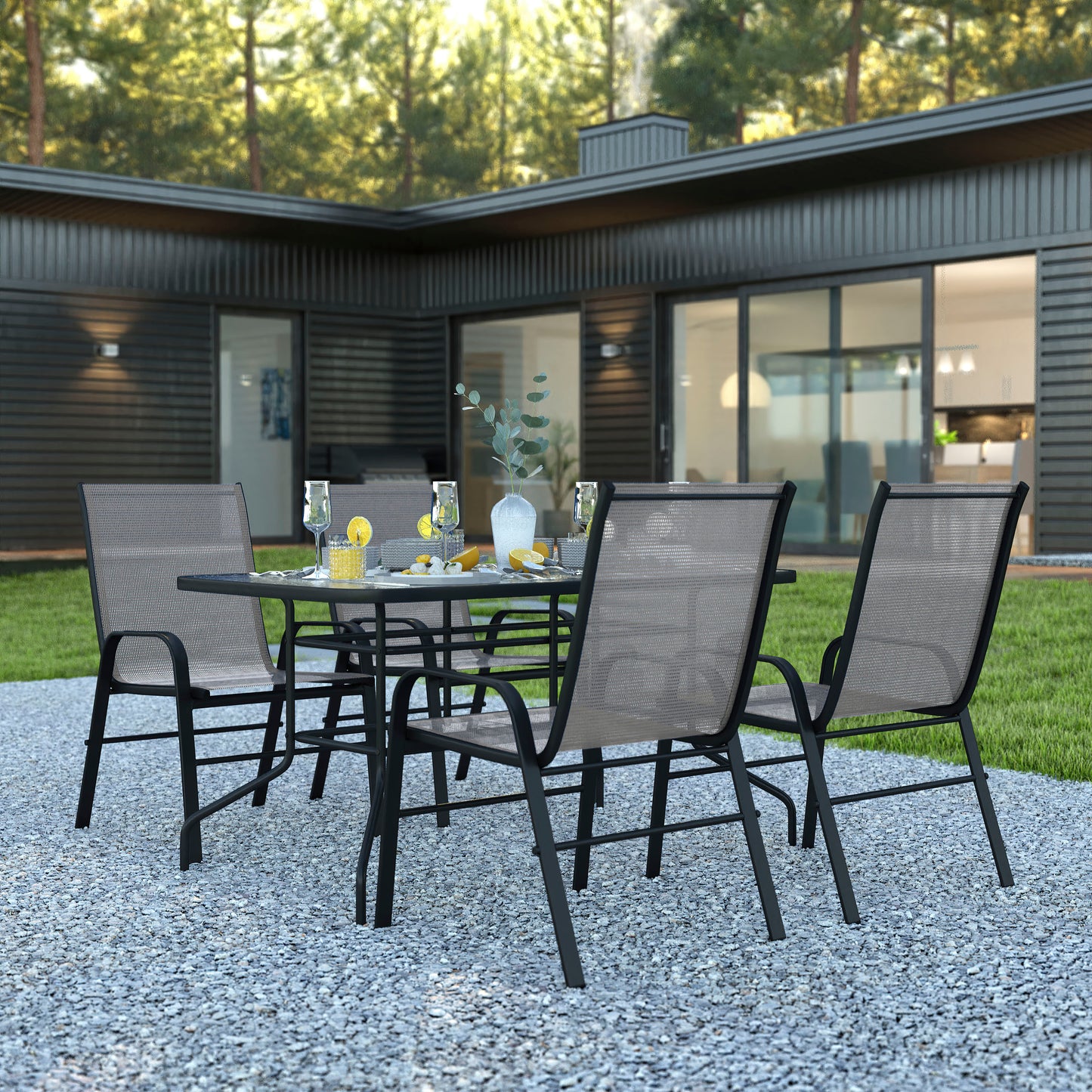 Brazos 5 Piece Outdoor Patio Dining Set - 55" Tempered Glass Patio Table with Umbrella Hole, 4 Gray Flex Comfort Stack Chairs Gray