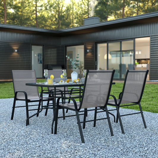 Brazos 5 Piece Outdoor Patio Dining Set - 55" Tempered Glass Patio Table with Umbrella Hole, 4 Gray Flex Comfort Stack Chairs Gray TLH-089REC-303CGY4-GG