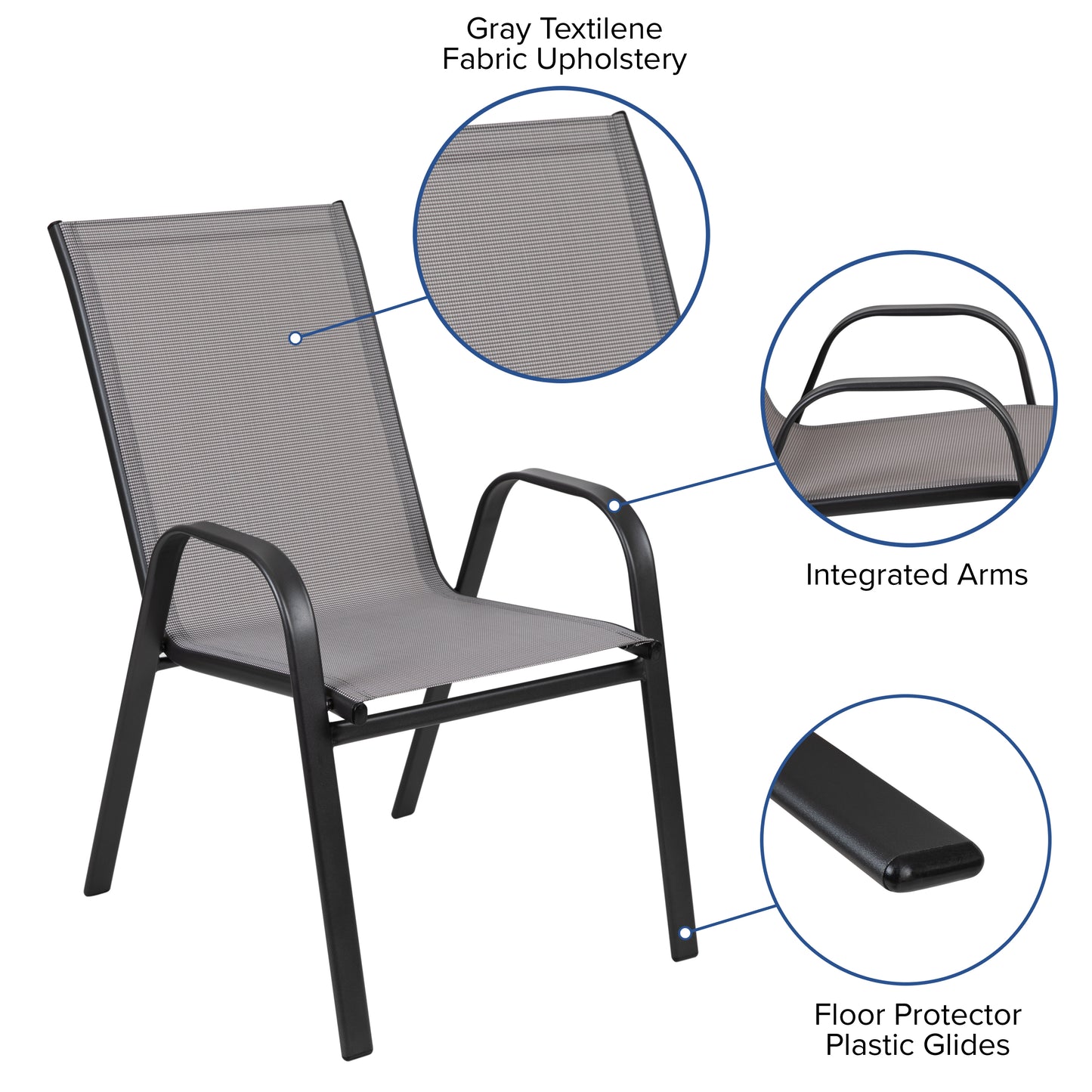 Brazos 5 Piece Outdoor Patio Dining Set - 55" Tempered Glass Patio Table with Umbrella Hole, 4 Gray Flex Comfort Stack Chairs Gray