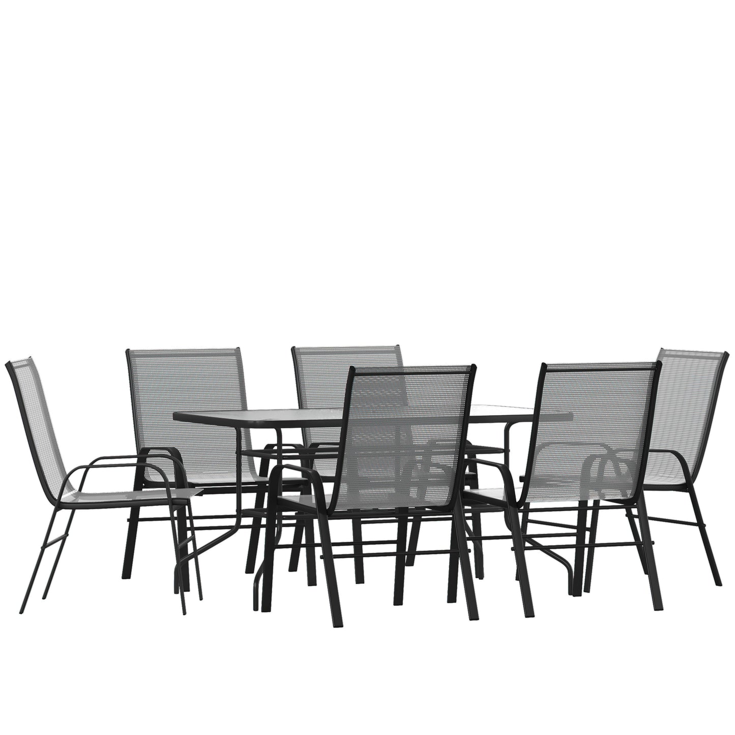 Brazos 7 Piece Outdoor Patio Dining Set - 55" Tempered Glass Patio Table with Umbrella Hole, 6 Gray Flex Comfort Stack Chairs Gray