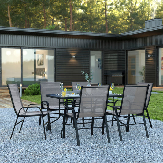 Brazos 7 Piece Outdoor Patio Dining Set - 55" Tempered Glass Patio Table with Umbrella Hole, 6 Gray Flex Comfort Stack Chairs Gray TLH-089REC-303CGY6-GG