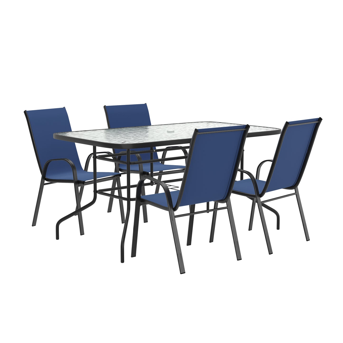 Brazos 5 Piece Outdoor Patio Dining Set - 55" Tempered Glass Patio Table with Umbrella Hole, 4 Navy Flex Comfort Stack Chairs Navy