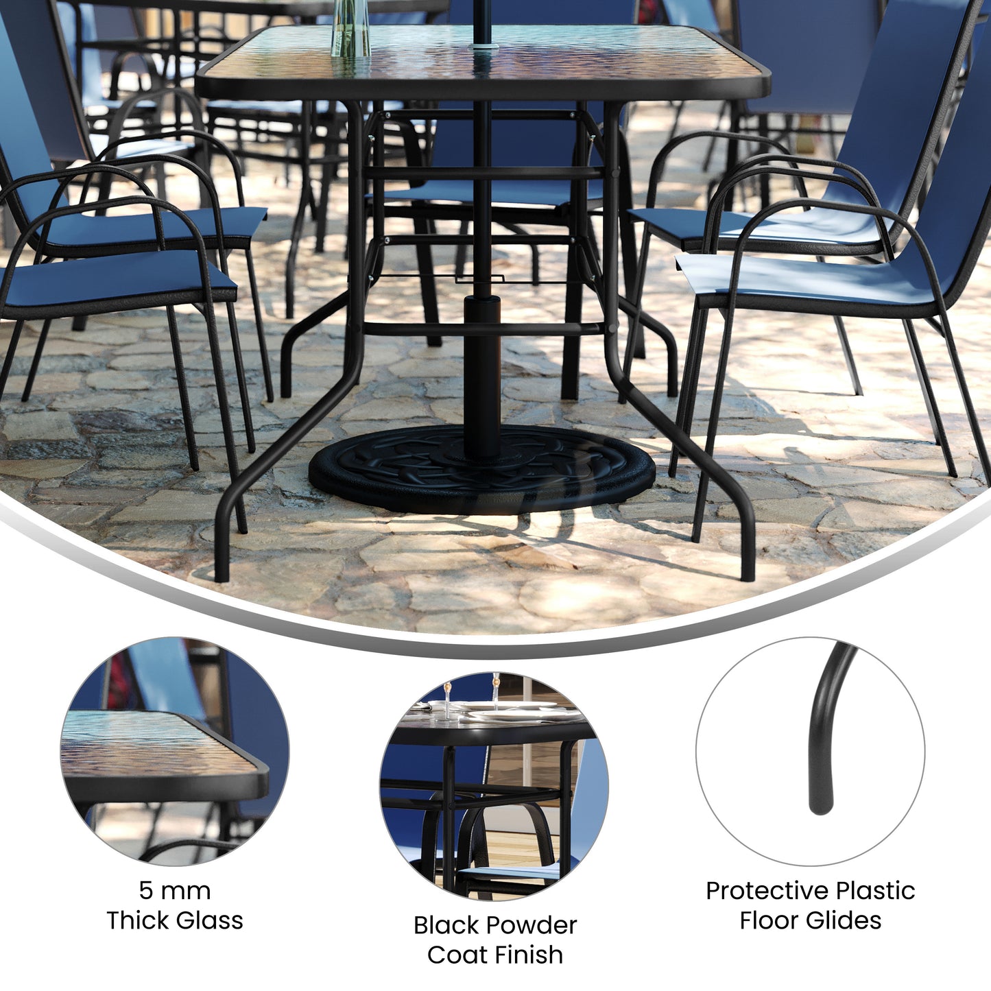 Brazos 5 Piece Outdoor Patio Dining Set - 55" Tempered Glass Patio Table with Umbrella Hole, 4 Navy Flex Comfort Stack Chairs Navy