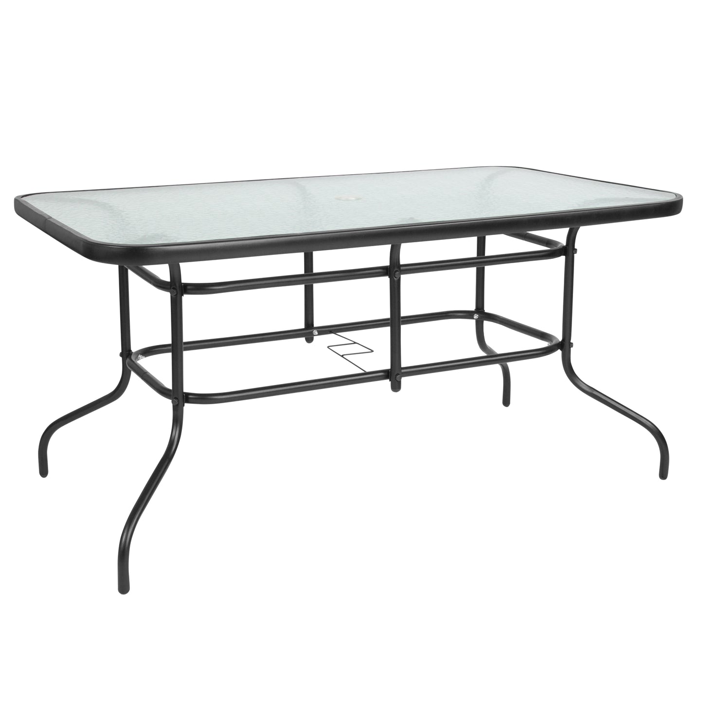 Brazos 5 Piece Outdoor Patio Dining Set - 55" Tempered Glass Patio Table with Umbrella Hole, 4 Navy Flex Comfort Stack Chairs Navy