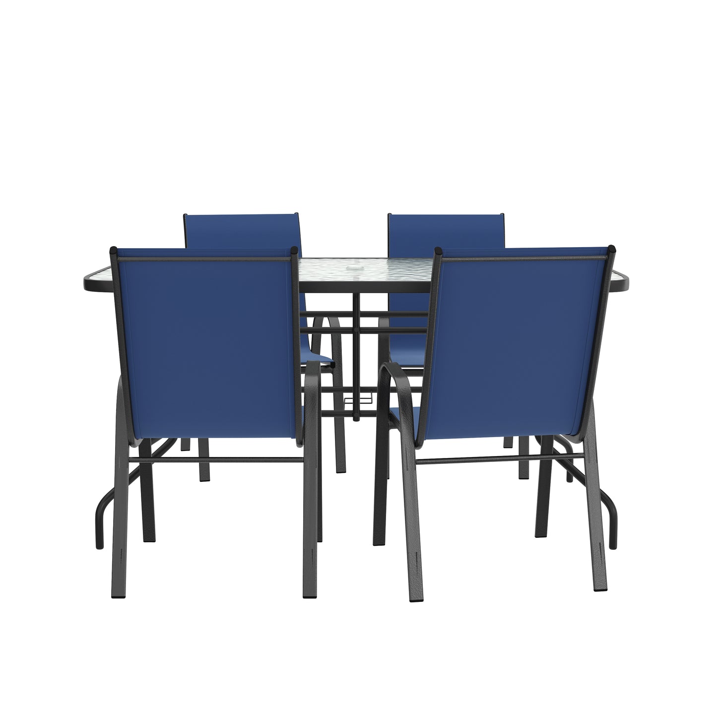 Brazos 5 Piece Outdoor Patio Dining Set - 55" Tempered Glass Patio Table with Umbrella Hole, 4 Navy Flex Comfort Stack Chairs Navy