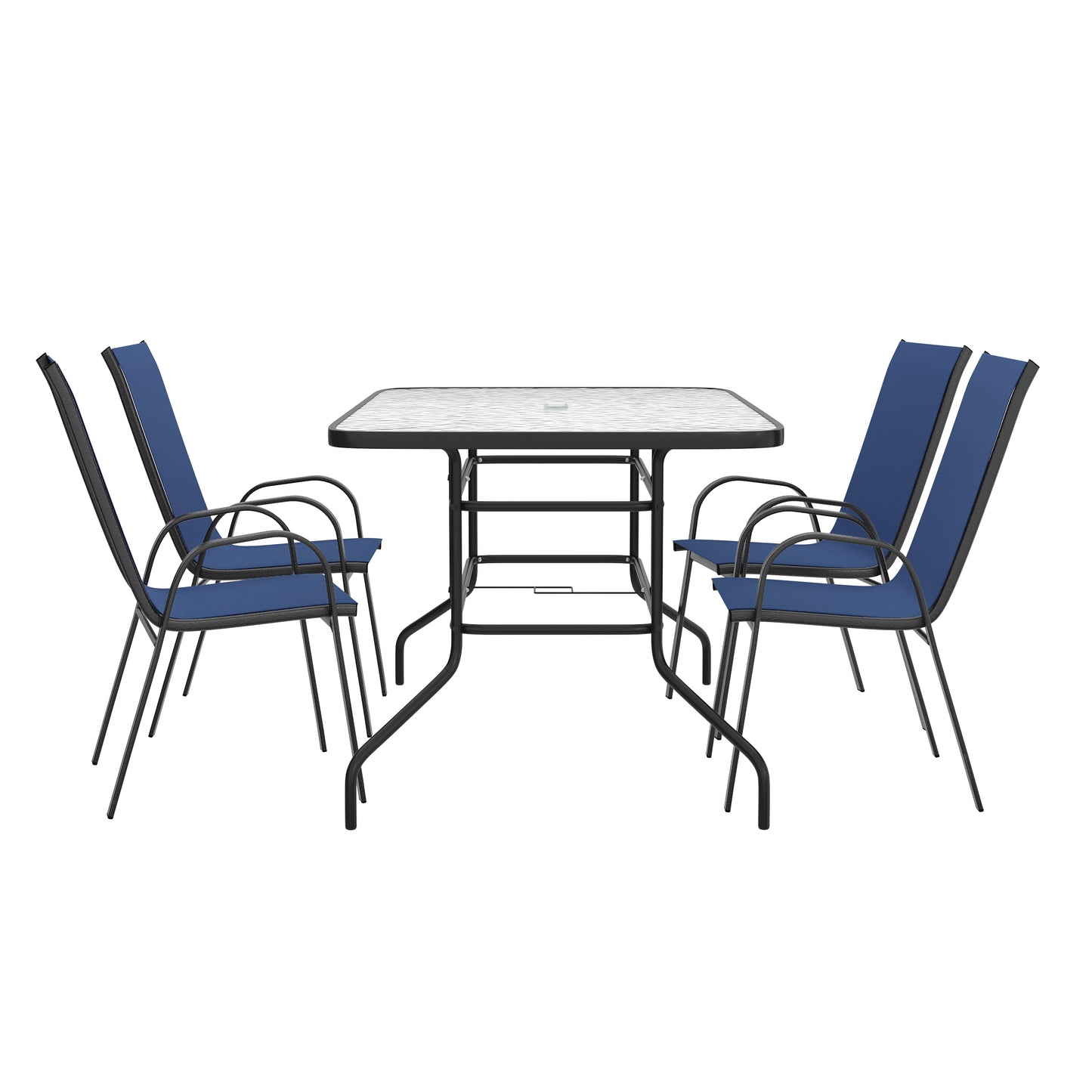 Brazos 5 Piece Outdoor Patio Dining Set - 55" Tempered Glass Patio Table with Umbrella Hole, 4 Navy Flex Comfort Stack Chairs Navy