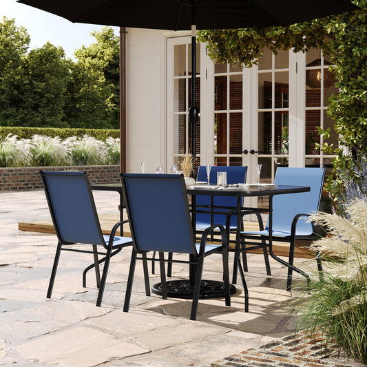 Brazos 5 Piece Outdoor Patio Dining Set - 55" Tempered Glass Patio Table with Umbrella Hole, 4 Navy Flex Comfort Stack Chairs Navy TLH-089REC-303CNV4-GG