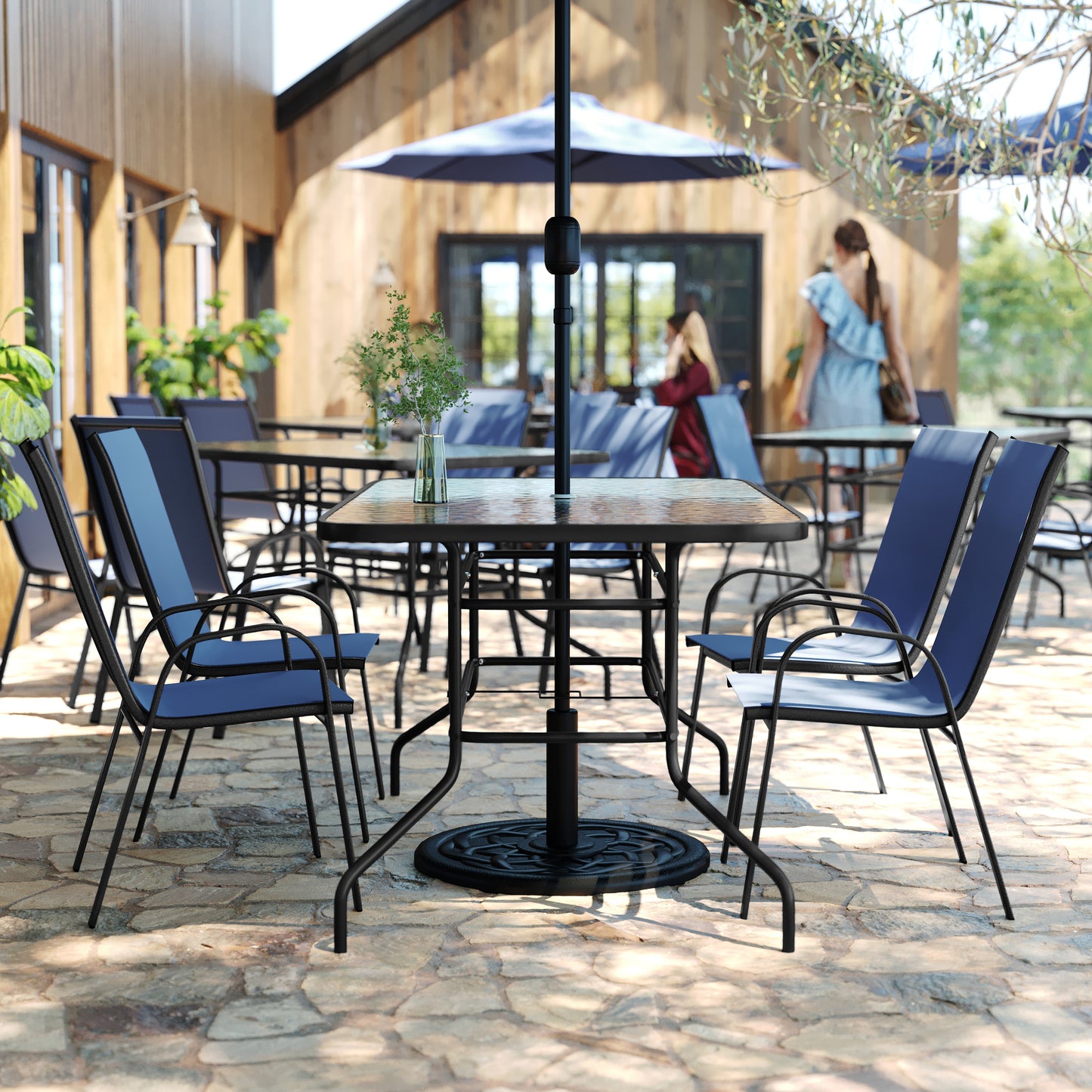 Brazos 5 Piece Outdoor Patio Dining Set - 55" Tempered Glass Patio Table with Umbrella Hole, 4 Navy Flex Comfort Stack Chairs Navy