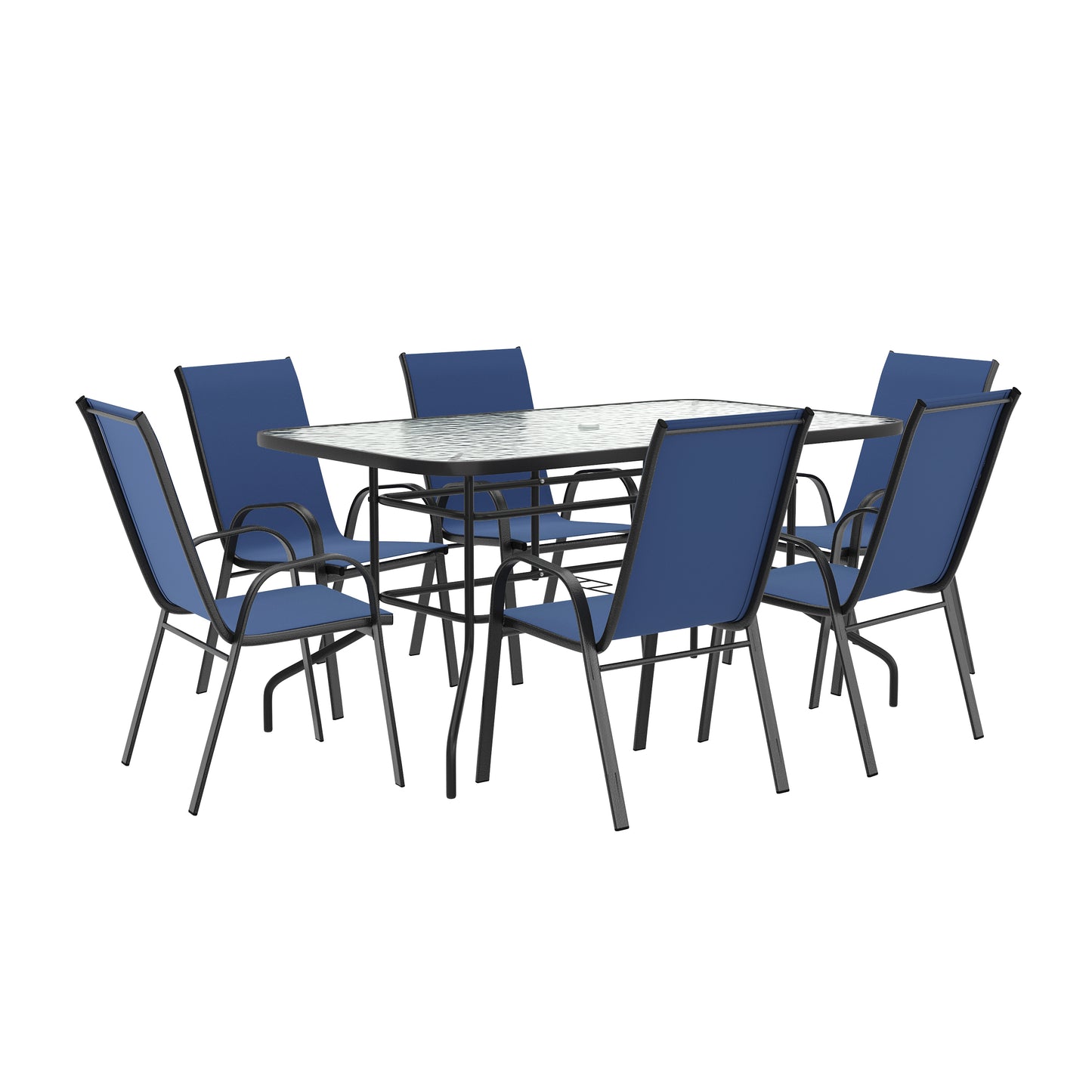Brazos 7 Piece Outdoor Patio Dining Set - 55" Tempered Glass Patio Table with Umbrella Hole, 6 Navy Flex Comfort Stack Chairs Navy