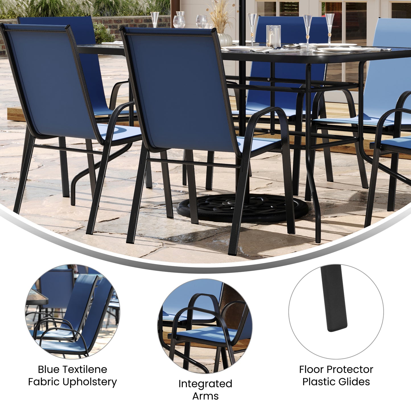 Brazos 7 Piece Outdoor Patio Dining Set - 55" Tempered Glass Patio Table with Umbrella Hole, 6 Navy Flex Comfort Stack Chairs Navy