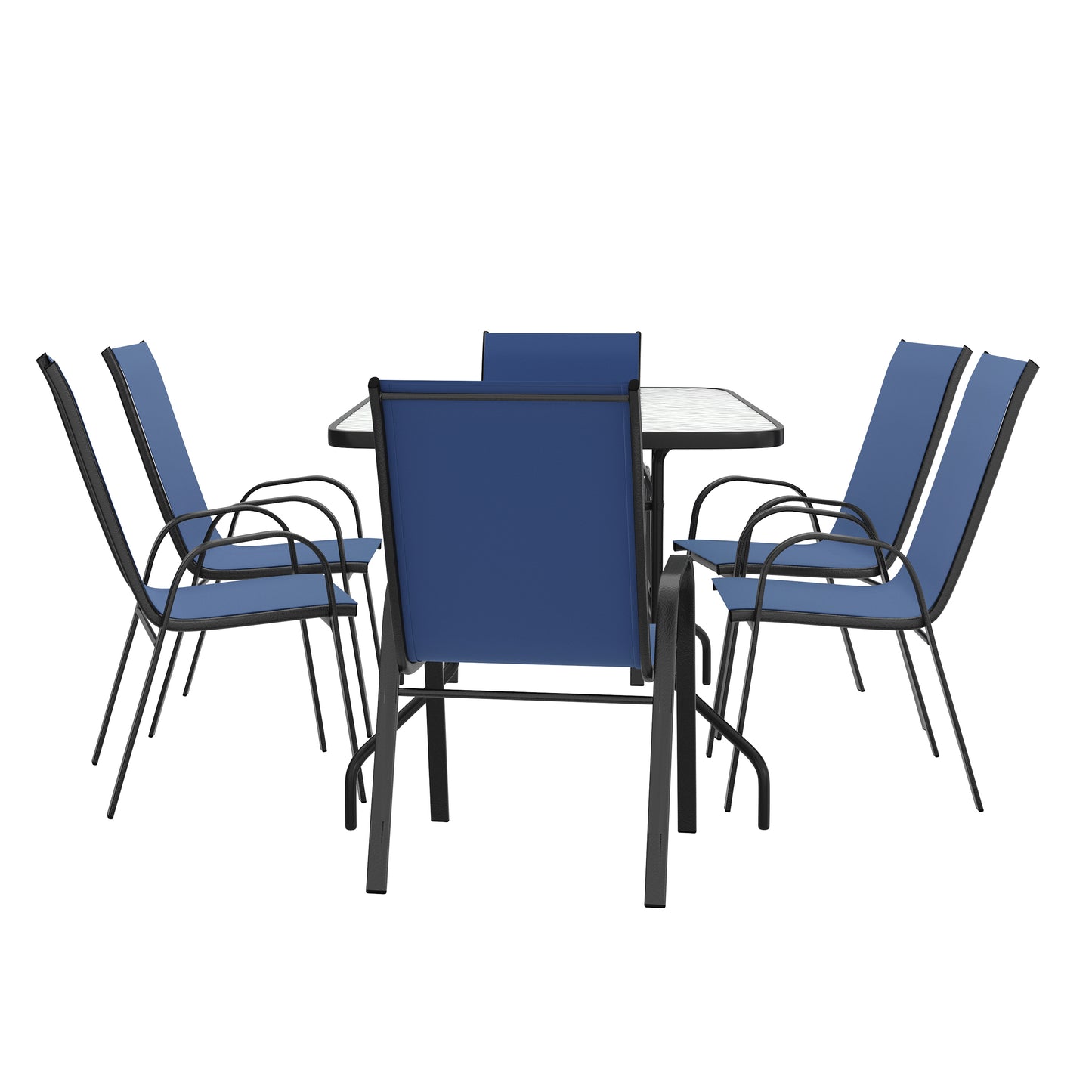 Brazos 7 Piece Outdoor Patio Dining Set - 55" Tempered Glass Patio Table with Umbrella Hole, 6 Navy Flex Comfort Stack Chairs Navy