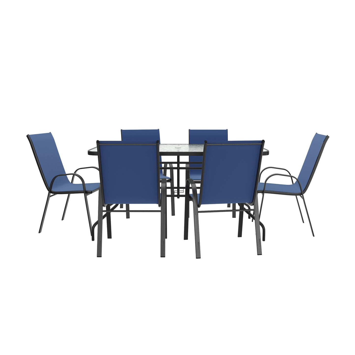 Brazos 7 Piece Outdoor Patio Dining Set - 55" Tempered Glass Patio Table with Umbrella Hole, 6 Navy Flex Comfort Stack Chairs Navy