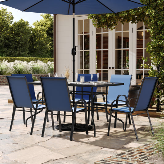 Brazos 7 Piece Outdoor Patio Dining Set - 55" Tempered Glass Patio Table with Umbrella Hole, 6 Navy Flex Comfort Stack Chairs Navy TLH-089REC-303CNV6-GG