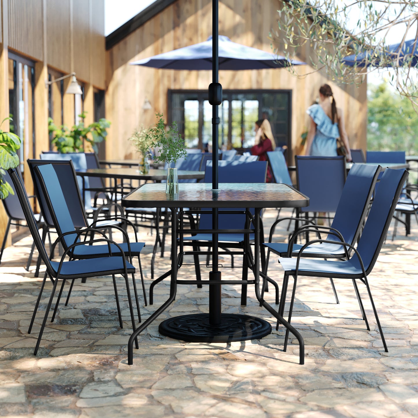 Brazos 7 Piece Outdoor Patio Dining Set - 55" Tempered Glass Patio Table with Umbrella Hole, 6 Navy Flex Comfort Stack Chairs Navy