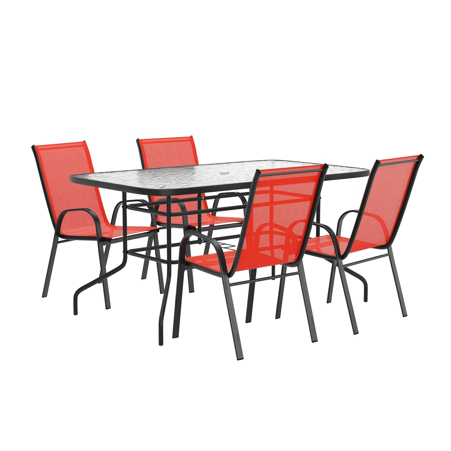 Brazos 5 Piece Outdoor Patio Dining Set - 55" Tempered Glass Patio Table with Umbrella Hole, 4 Red Flex Comfort Stack Chairs Red