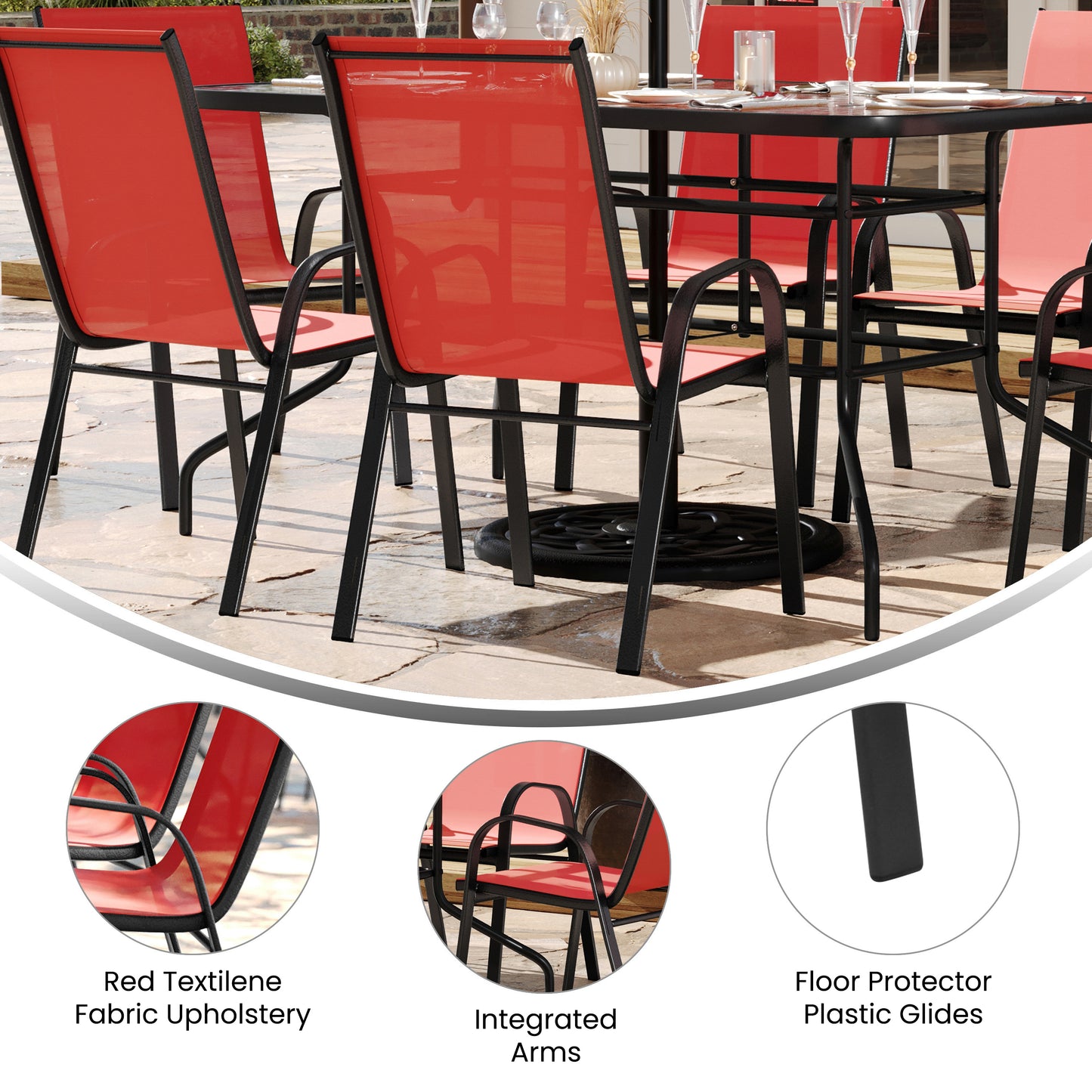 Brazos 5 Piece Outdoor Patio Dining Set - 55" Tempered Glass Patio Table with Umbrella Hole, 4 Red Flex Comfort Stack Chairs Red
