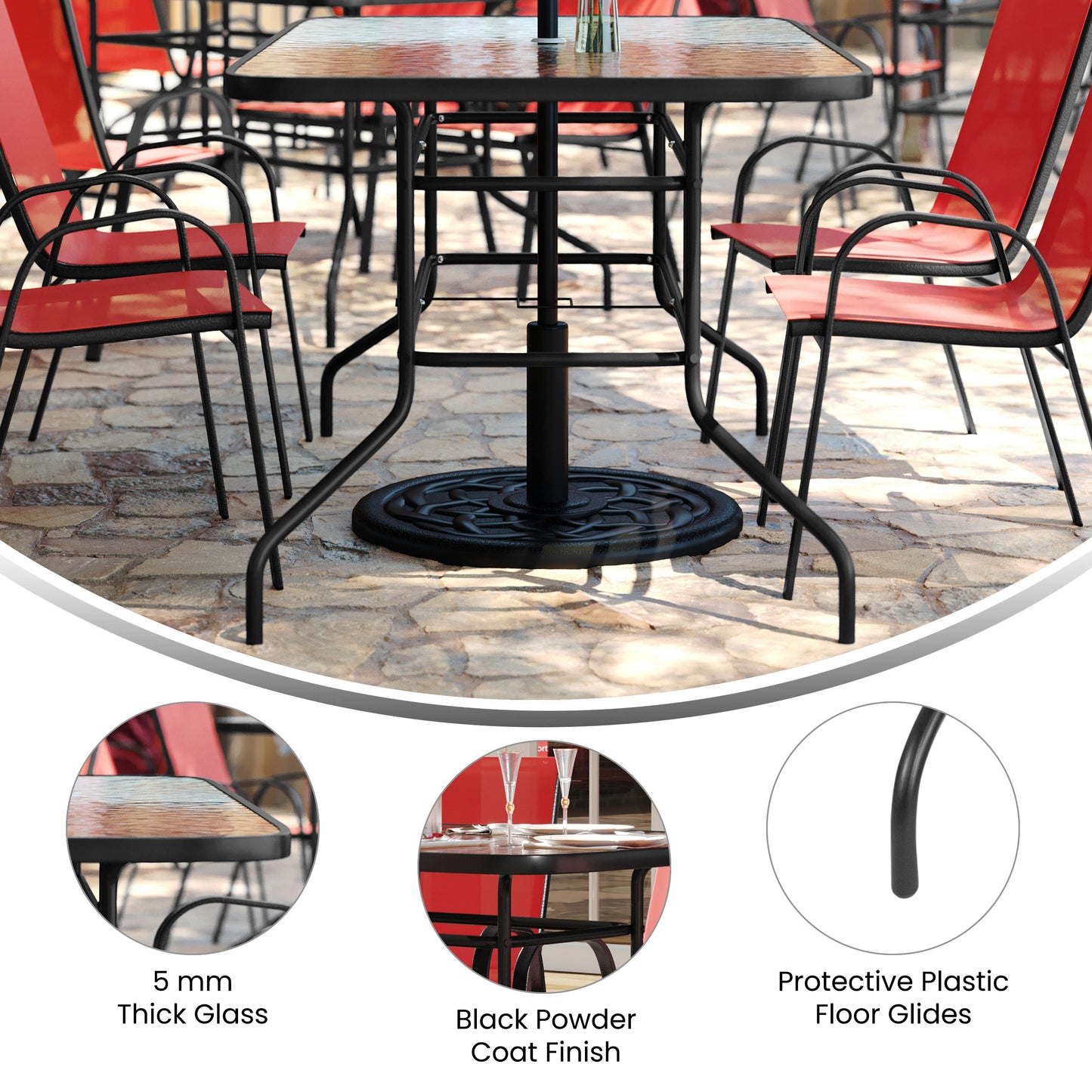 Brazos 5 Piece Outdoor Patio Dining Set - 55" Tempered Glass Patio Table with Umbrella Hole, 4 Red Flex Comfort Stack Chairs Red