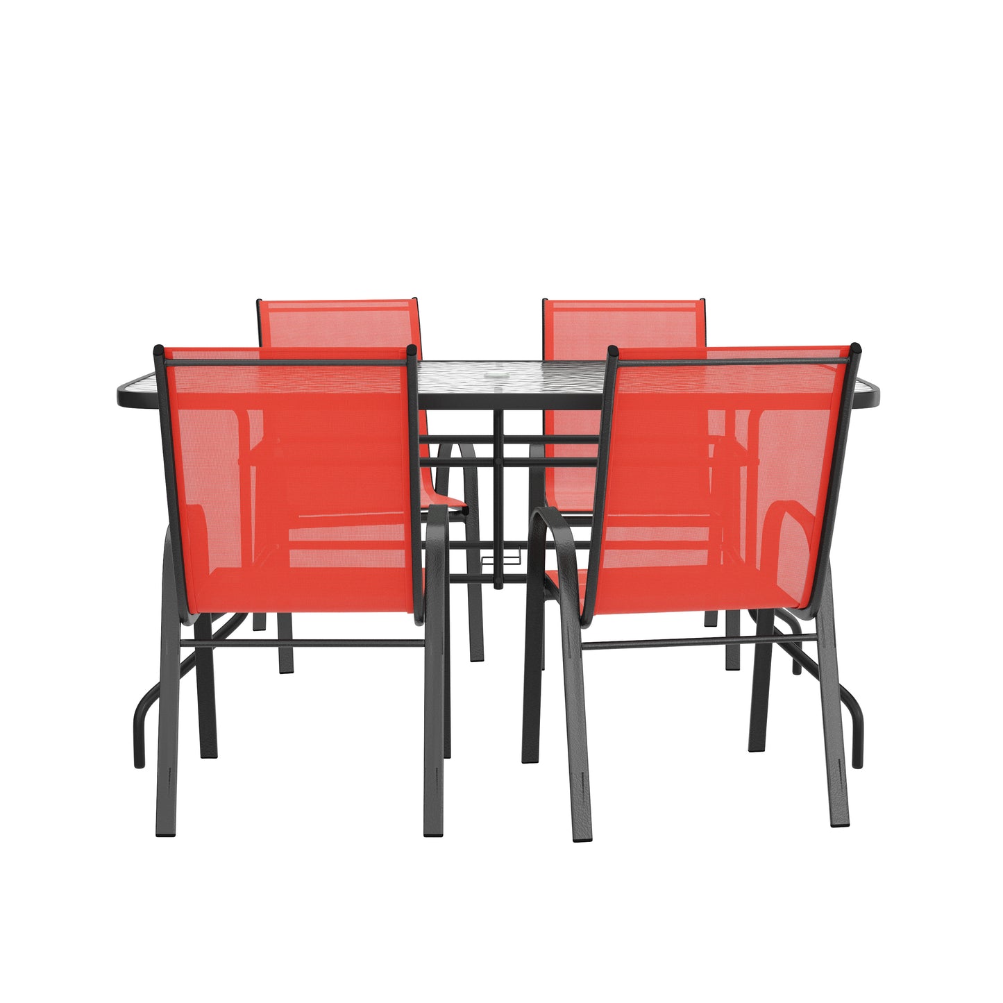 Brazos 5 Piece Outdoor Patio Dining Set - 55" Tempered Glass Patio Table with Umbrella Hole, 4 Red Flex Comfort Stack Chairs Red