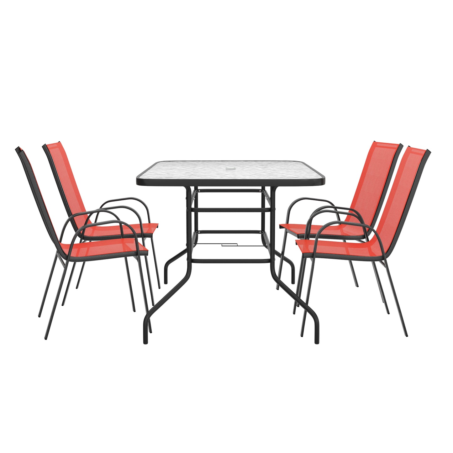 Brazos 5 Piece Outdoor Patio Dining Set - 55" Tempered Glass Patio Table with Umbrella Hole, 4 Red Flex Comfort Stack Chairs Red