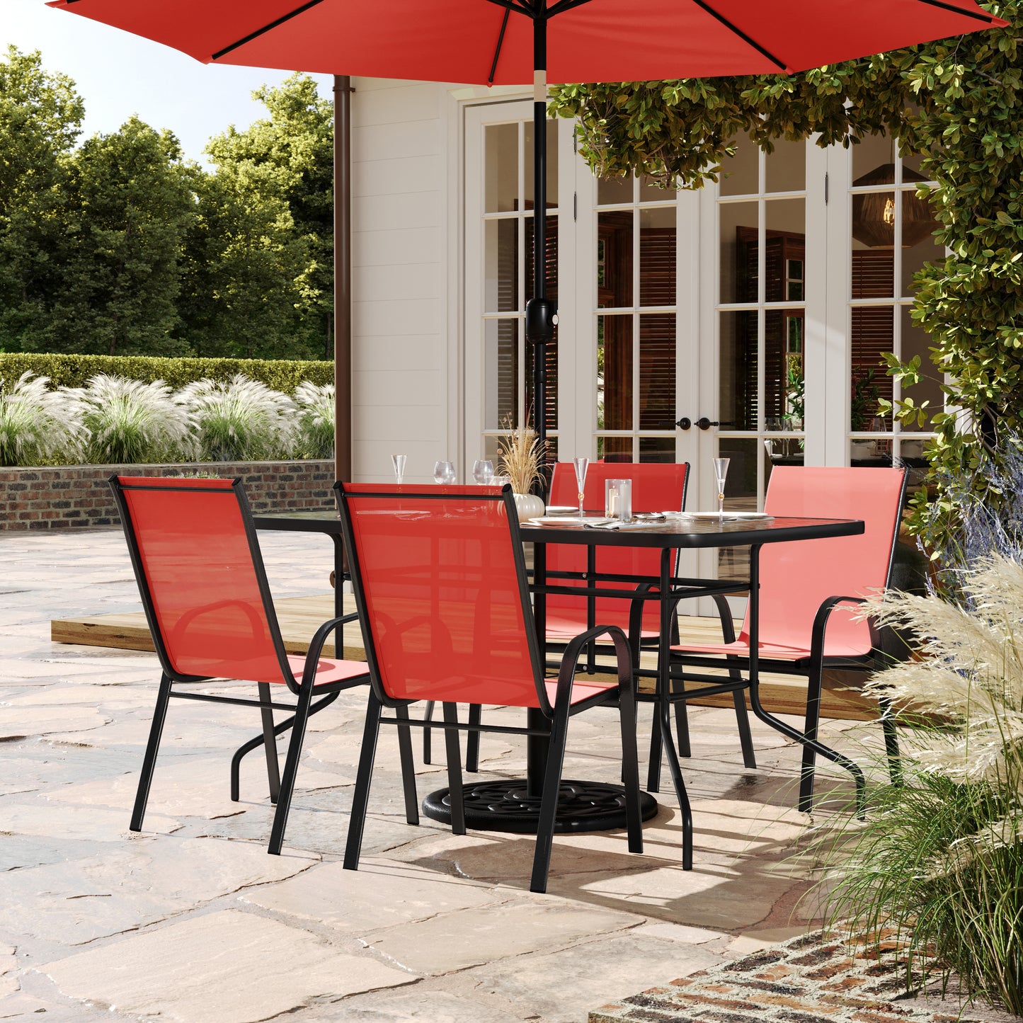 Brazos 5 Piece Outdoor Patio Dining Set - 55" Tempered Glass Patio Table with Umbrella Hole, 4 Red Flex Comfort Stack Chairs Red